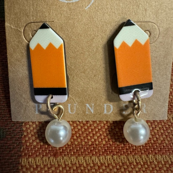New Plunder Earrings “Sharp Minds” - Pencil With Pearl Studs - 1.5" - Picture 6 of 9